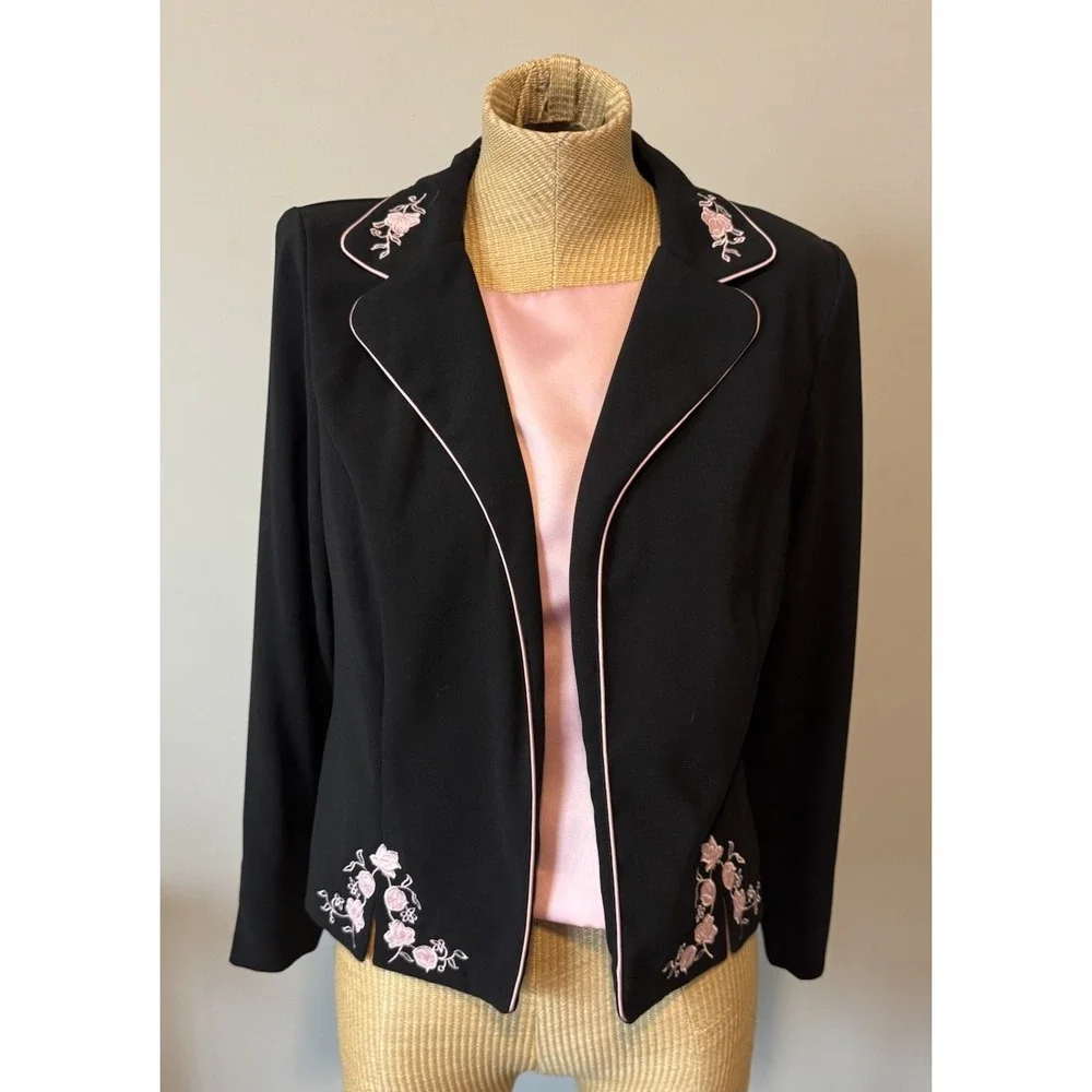 VTG Y2K Sag Harbor Jacket Blazer Black‎ Pink Embroidered Flowers Goth Girly Sz 8